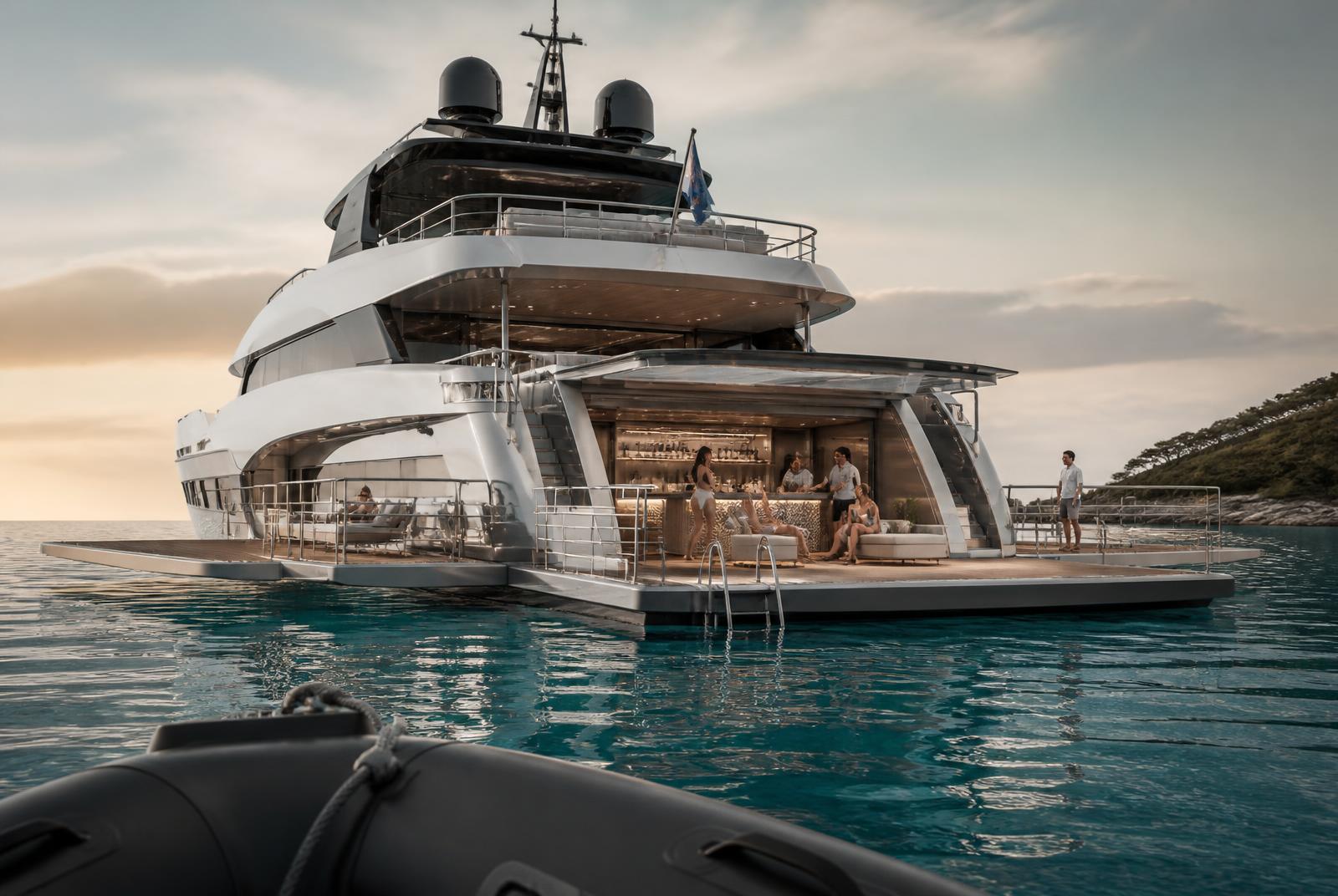 The transformer deck fully open, terraces extended at sea level