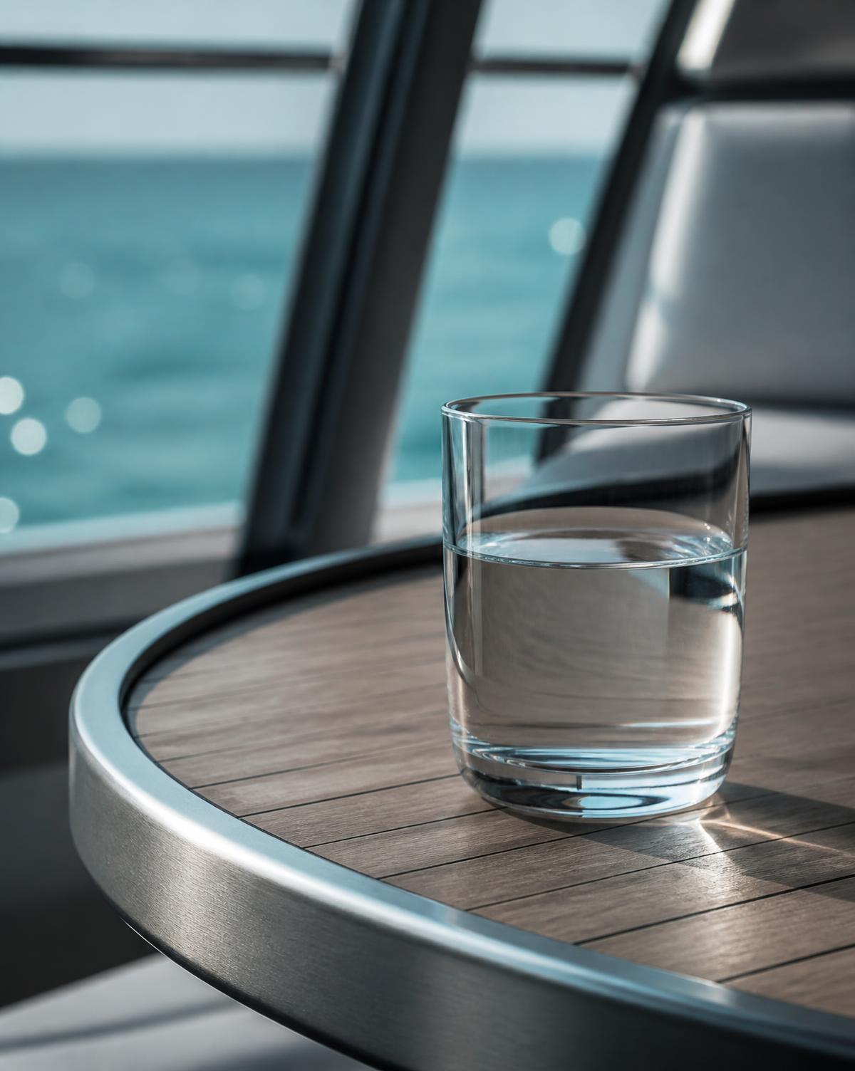 A glass of water on the aft table, underway at ten knots.