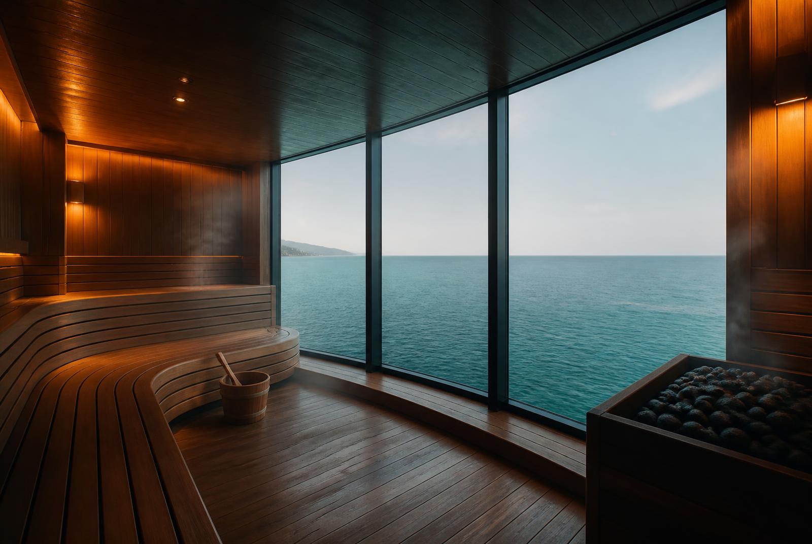 Cedar sauna interior with a glass wall onto the Aegean