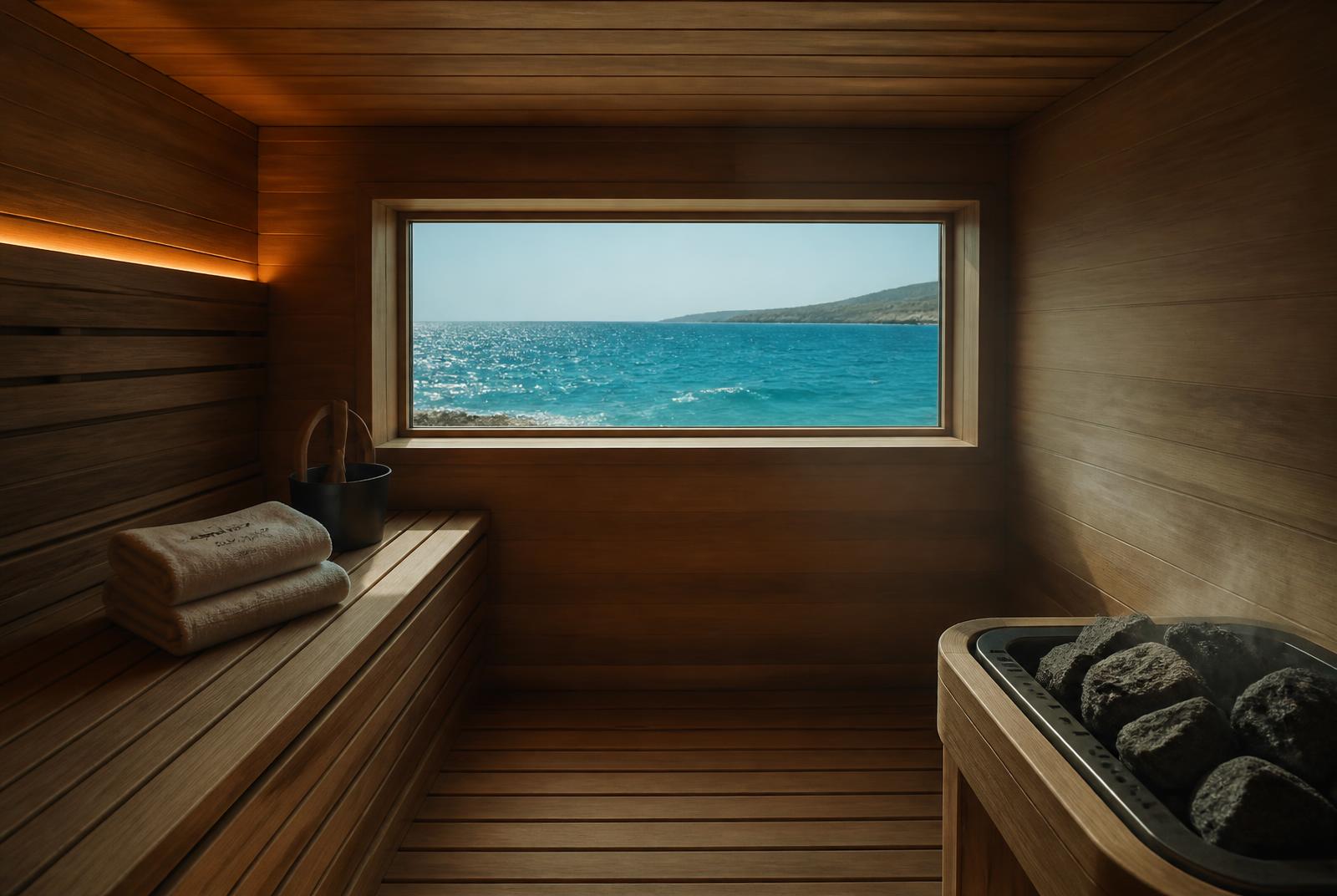 Cedar sauna interior with a glass wall onto the Aegean